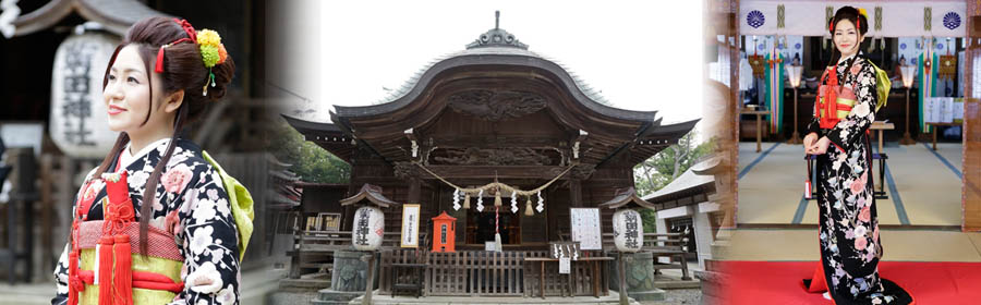 写真:津田沼鎮座菊田神社の拝殿と黒引き袖花嫁